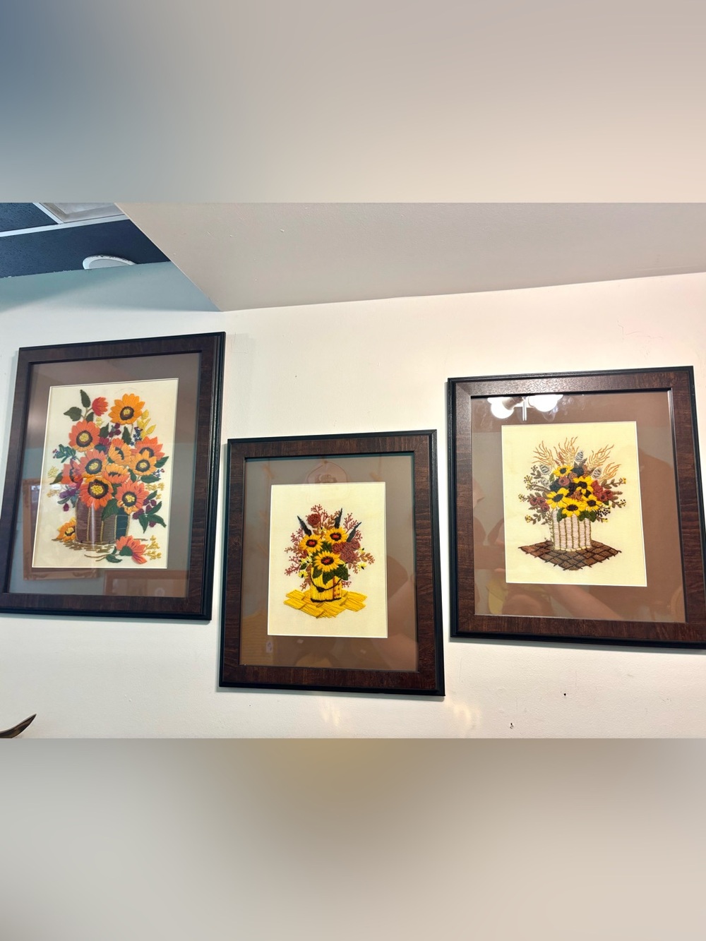 Set 3 vintage Sunflower crewel Embroidery pictures Wall Art Yellow & Orange